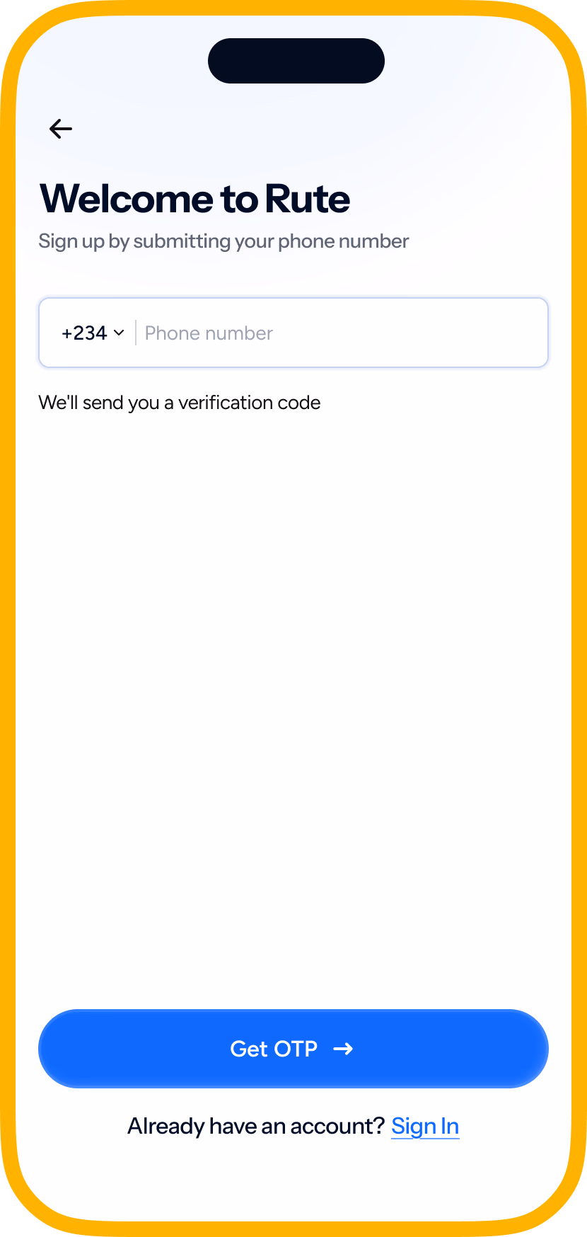 Welcome to Rute sign-up screen