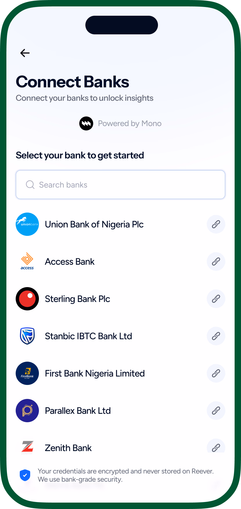 Connect banks screen
